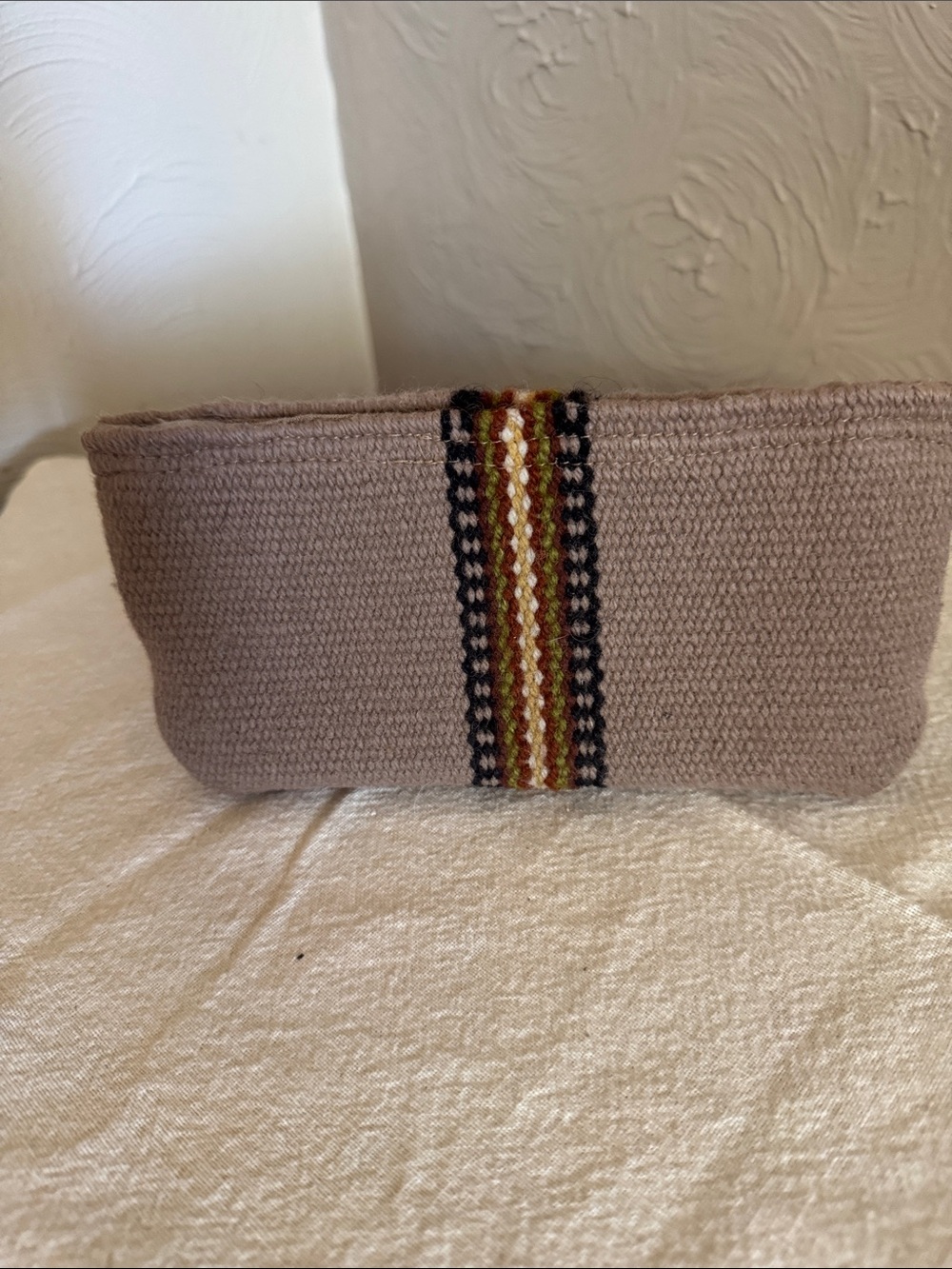 Woven Beige  Velcro Closure Pouch with Striped Accent